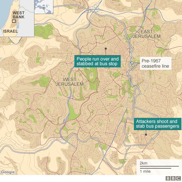 Map of Jerusalem showing locations of attacks on 13 October 2015