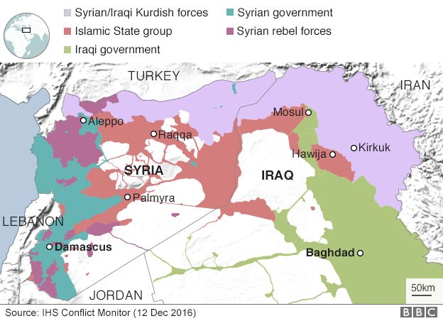Map of Iraq and Syria showing control areas