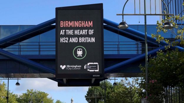 A electronic billboard promoting the HS2 transport link development and the city of Birmingham is seen during the annual Conservative Party Conference in Birmingham, Britain, October 2, 2016.