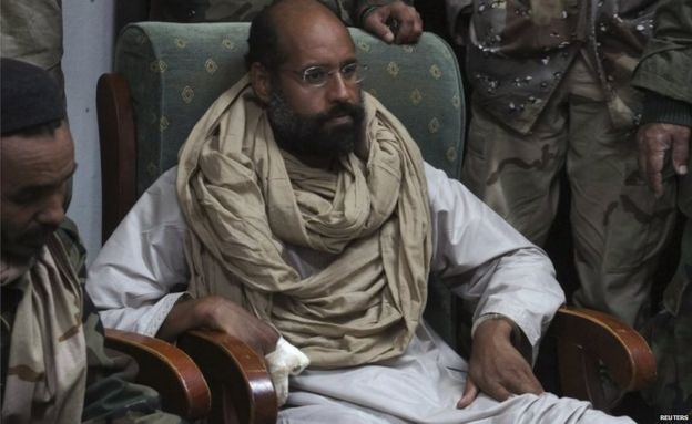 Saif al-Islam is seen after his capture, in the custody of revolutionary fighters in Obari, Libya 19 November 2011.