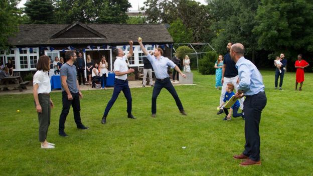 (left to right) Victoria Pendleton, Scott Gardner, Mark Saxby, Prince Harry, Rio Ferdinand and Jonathan Trott playing French Cricket