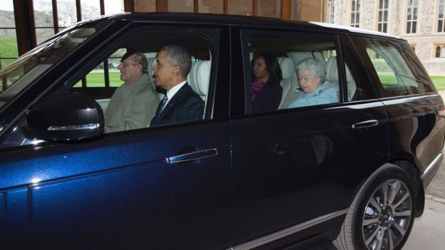 The Obamas in the car with Prince Philip (driving) and the Queen
