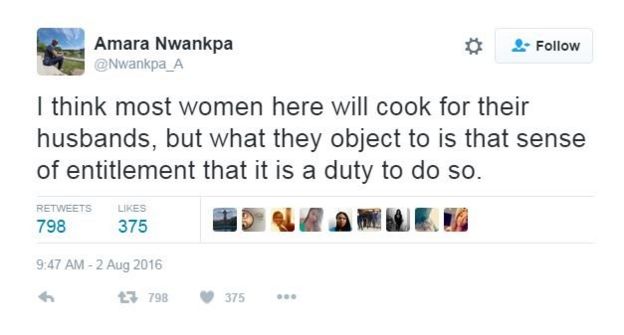 I think most women here will cook for their husbands, but what they object to is that sense of entitlement that it is a duty to do so.