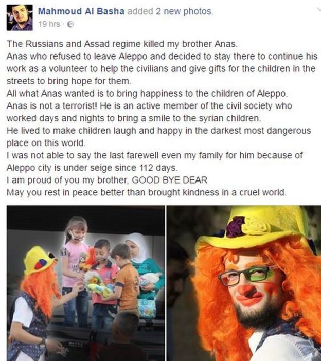 A Facebook post by Mahmoud al-Basha about the loss of Anas al-Basha