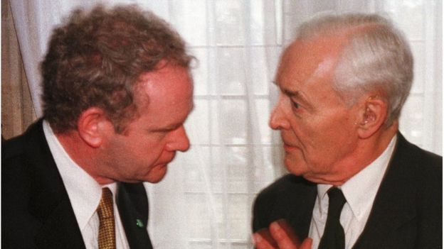 Labour's Tony Benn speaking to McGuinness during a SinnFéin news conference on the prospect of the closure of the Northern Ireland Assembly