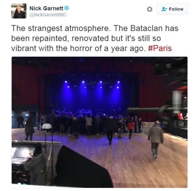 A tweet from BBC Five Live's Nick Garnett, sharing a picture of the concert hall which he says it still 
