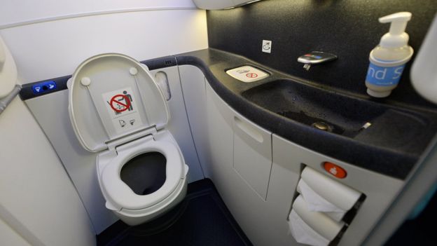 A touch lavatory on the United Airlines Boeing 787 Dreamliner at Los Angeles International Airport