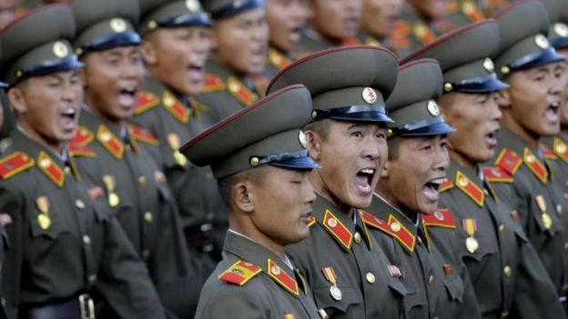 North Korean soldiers parade in Pyongyang (10 October 2015)