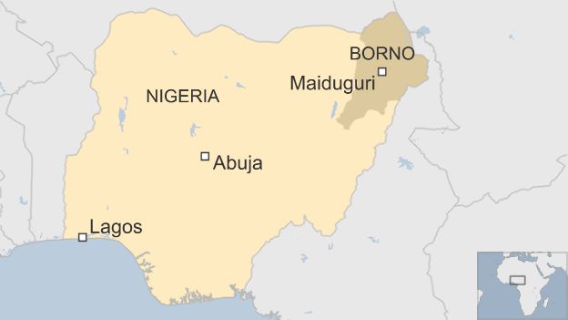 Map showing location of Maiduguri and Borno state