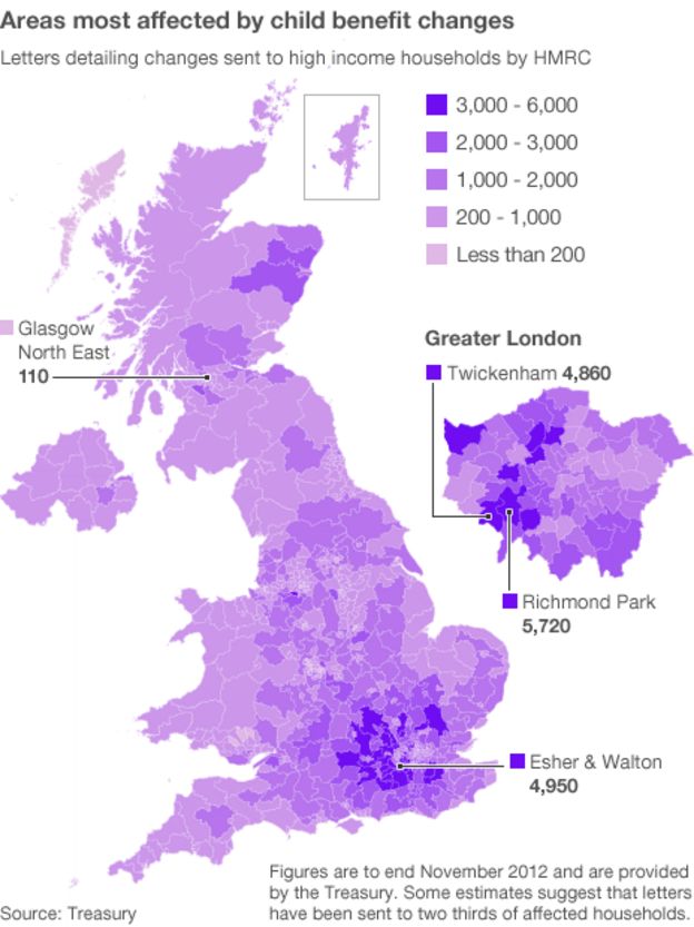 Child Benefit Update Form Map of UK showing number of letters detailing changes sent to high income households by constituency