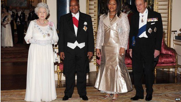 Queen Elizabeth II, Prince Philip, Duke of Edinburgh, President Jacob Zuma and his wife Tobeka Madiba Zuma attend a state banquet at Buckingham Palace on 3 March 2010 in London