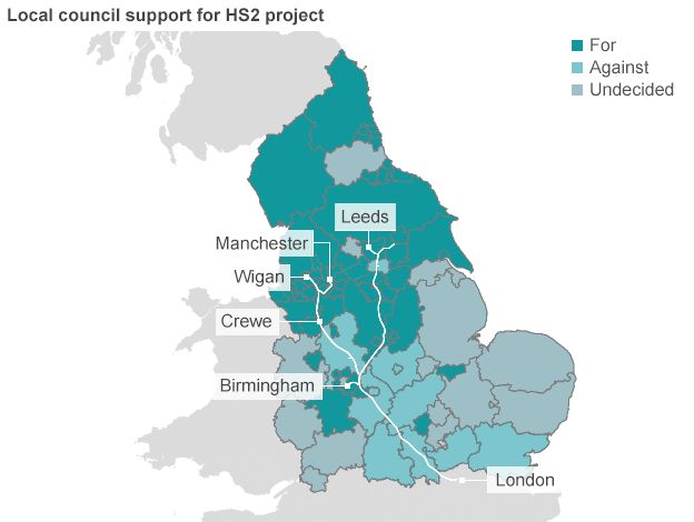 Map Uk North South Divide A map showing that support for HS2 is largely confined to northern councils