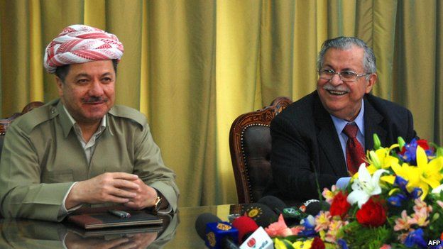 Massoud Barzani and Jalal Talabani at a news conference in Dokan (3 May 2009)