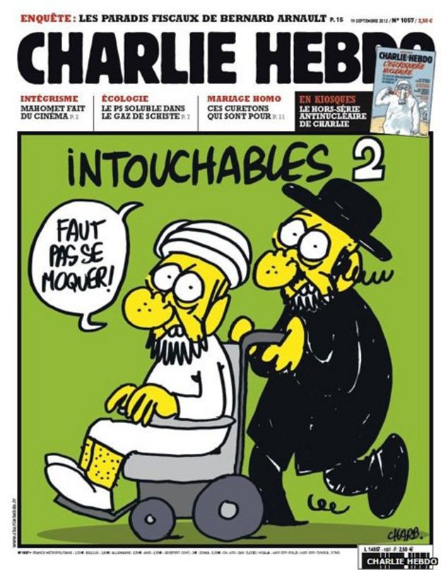 19 Sep 2012 issue: An Orthodox Jew pushes an old Muslim in a wheelchair, both shouting You mustn’t make fun!