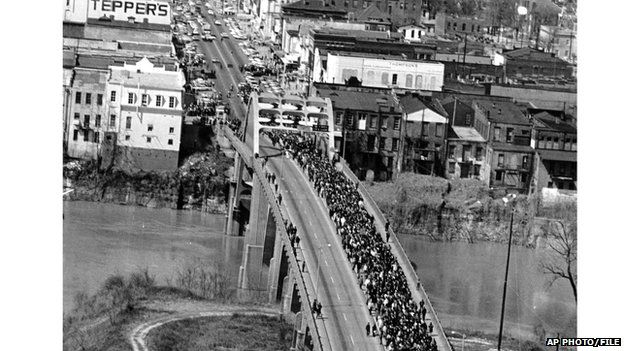 March from Selma to Montgomery across the Edmund Pettus Bridge in 1965