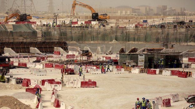 In this photo taken during a government organized media tour, labourers work at the Al-Wakra Stadium that is under construction for the 2022 World Cup, in Doha, Qatar, Monday, May 4, 2015