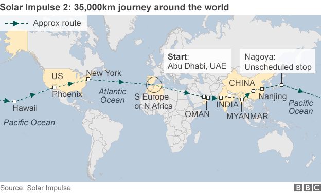 Map of journey of Solar Impulse 2 around the world