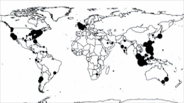 Map showing status updates around the world on Facebook