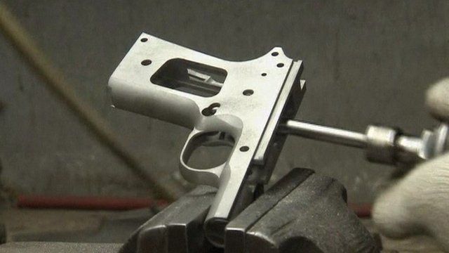A pistol frame being worked on