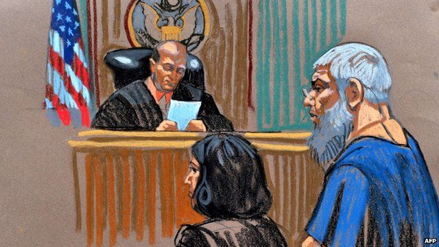 Courtroom sketch of Abu Hamza al-Masri before US Magistrate Judge Frank Maas
