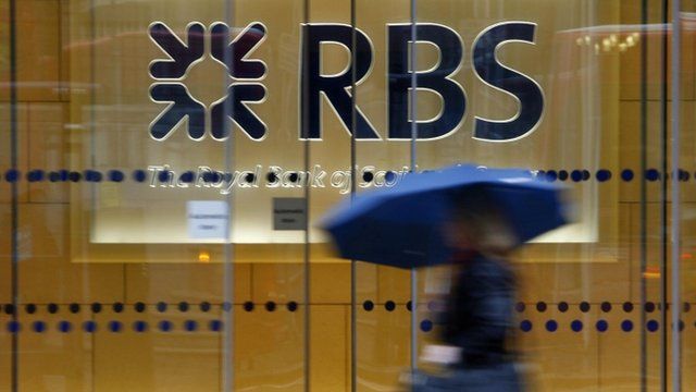 Woman with umbrella walking past the London headquarters of RBS