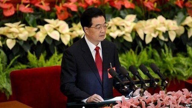 President Hu Jintao delivers his speech at the Great Hall in Beijing on 8 November 2012