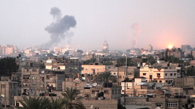 Smoke rises following an Israeli air strike in Khan Yunis, southern Gaza Strip