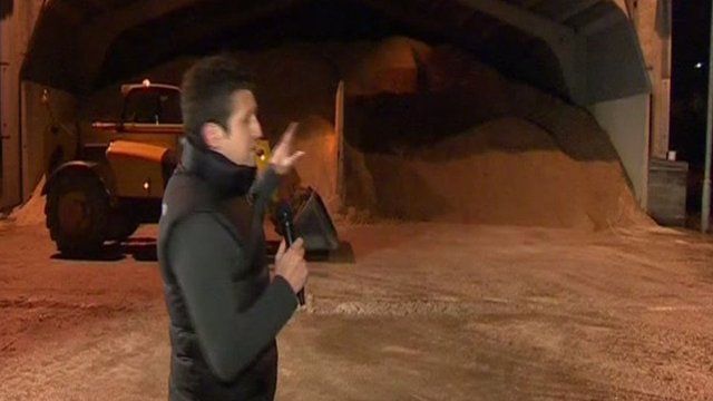 BBC reporter Jordan Davies at a council gritting yard