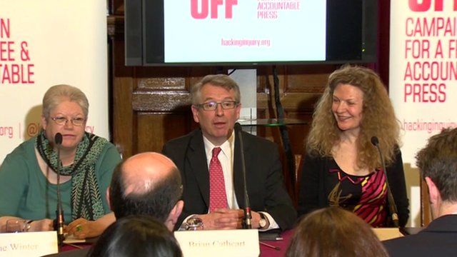 Hacked Off news conference, with Brian Cathcart, centre