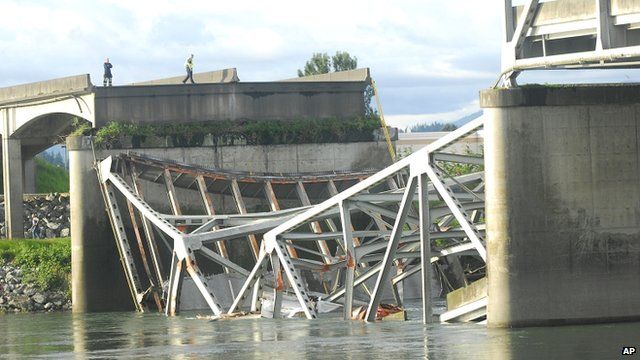 A portion of the Interstate 5 bridge submerged after it collapsed into the Skagit River