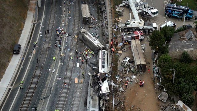 Aerial image from video shows a general view of the site of a train accident in Santiago de Compostela, Spain