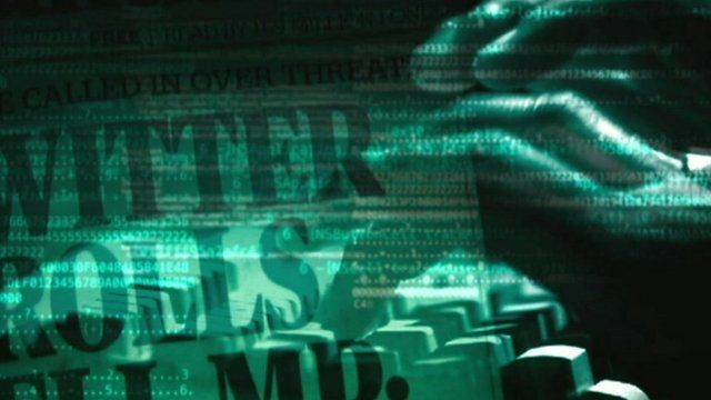 Graphic showing headlines and hands typing