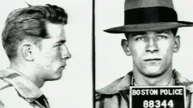 Black and white mug shot of James "Whitey" Bulger