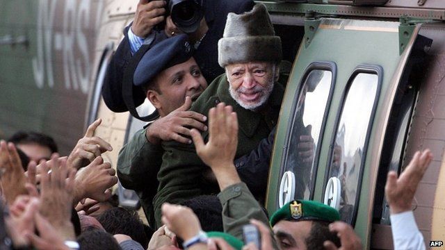 Yasser Arafat boards a helicopter after falling ill in October 2004