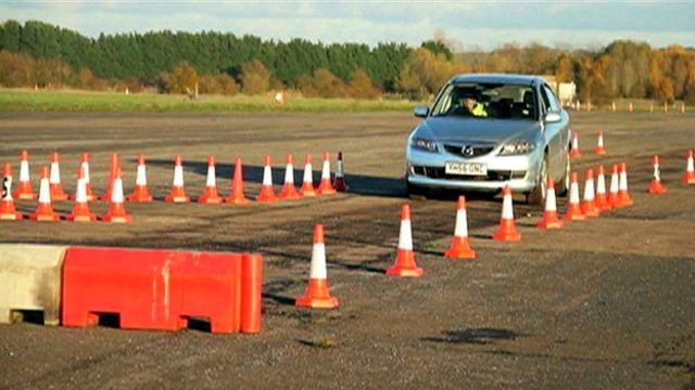 A car is stopped by a device which uses electromagnetic waves