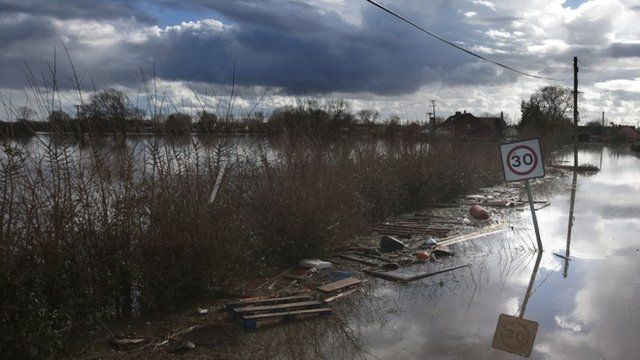 Flooded road in the village of Moorland on the Somerset Levels (Feb 2014)