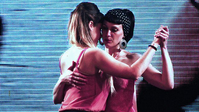 Same-sex couple dancing tango