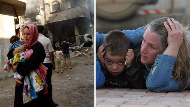 Left to right - Palestinian woman holding her child runs after what police said was an Israeli air strike on a house, in Gaza City, and an Israeli mother protects her children as they take cover during a rocket attack alert in the southern Israeli Kibbutz of Kfar Aza