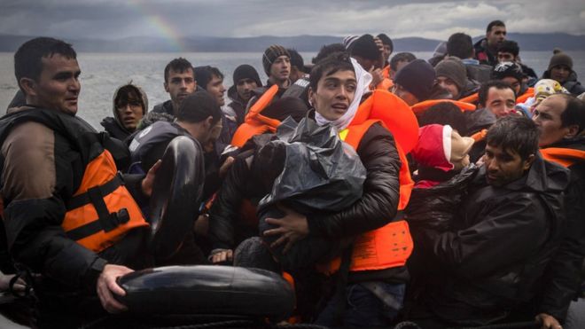 Migrants arrive on the Greek island of Lesbos after crossing from Turkey - 28 November