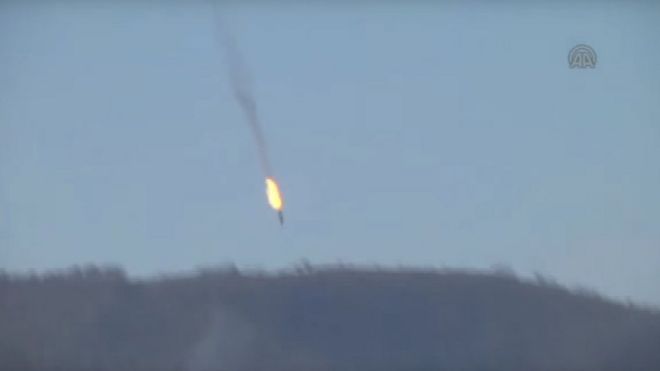 Video footage published by Anadolu news agency purportedly showing unidentified military aircraft crashing into mountains near Turkey's border with Syria (24 November 2015)