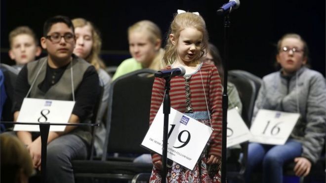 Edith Fuller, 5, spells a word during the 2017 Scripps Green Country Regional Spelling Bee in Tulsa, Oklahoma.