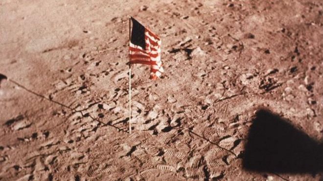 American flag on the surface of the Moon