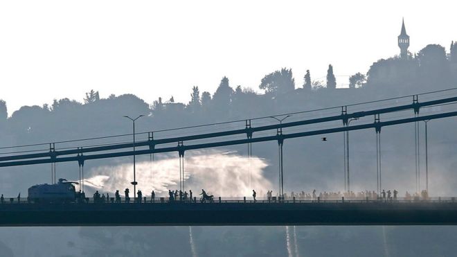 Police using a water cannon on the Bosphorus Bridge