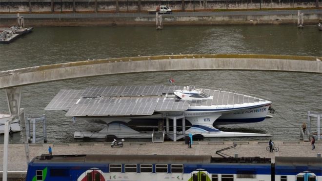 The world's largest solar boat is currently moored on the Seine