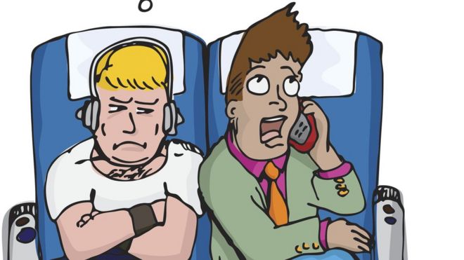 Caricatura de hombre molesto mientras otro habla por teléfono