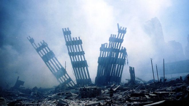 The ruins of one the Twin Towers smouldering on September 11, 2001