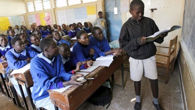 Pupils revise their class work without a teacher on the second week of a national teachers" strike, at Olympic Primary School in Kenya"s capital Nairobi, September 9, 2015