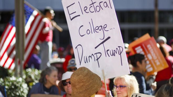 A protester in Los Angeles, California, on 18 December 2016