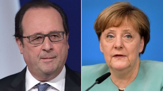 File images of Francois Hollande and Angela Merkel