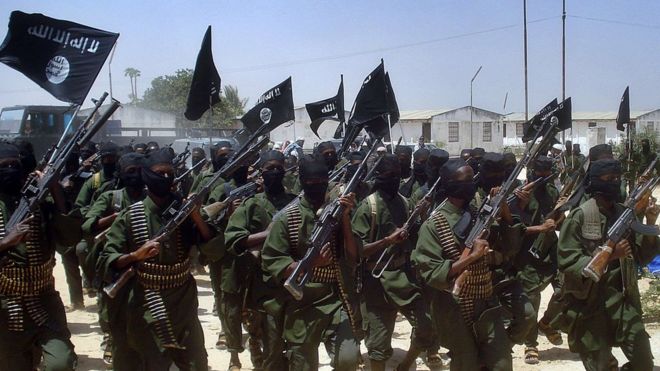A file photo taken on February 17, 2011 shows Islamist fighters loyal to Somalia's al-Qaeda inspired al-Shabab group performing military drills at a village in Lower Shabelle region, some 25km outside Mogadishu